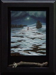 "A Late Winter's Night", 2005, Acrylics on Canvas Framed in Shadow Box with Twig Segment, 8 1/8 x 6 1/8 in. overall, by David Jay Spyker