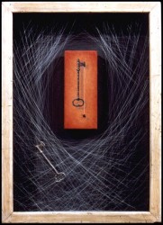 "The Parlor", 1996, Acrylics on Canvas Mounted on Panel, Nylon Monofilament, and Steel Skeleton Key in a Custom Shadow Box, 14 x 10 in. overall, by David Jay Spyker